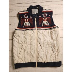 Vintage Alpine Ski Puffer Vest Thunderbird Knit Yoke Navy Cream Mens‎ Small 80s